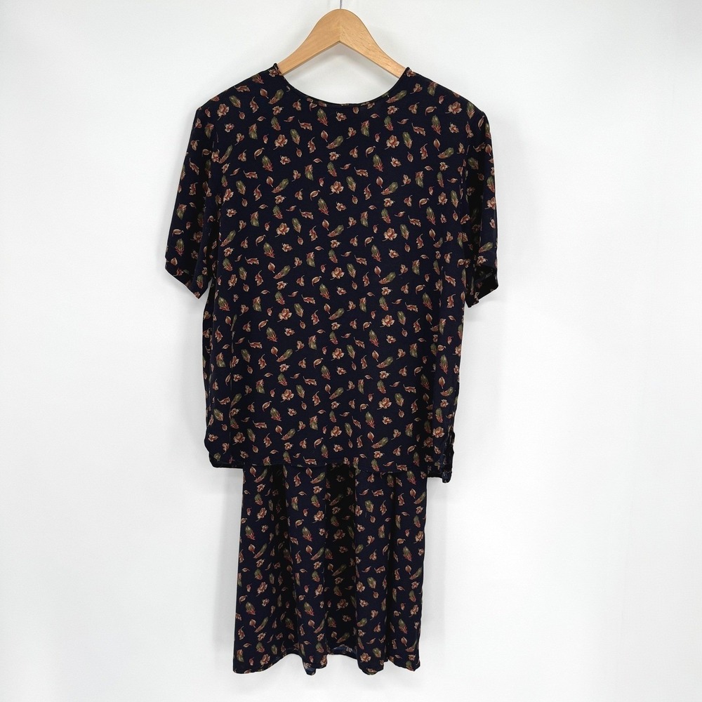 Vintage JH Collectibles Navy Blue Leaf Print Skirt/Top Set Women's Sz‎ 14+16